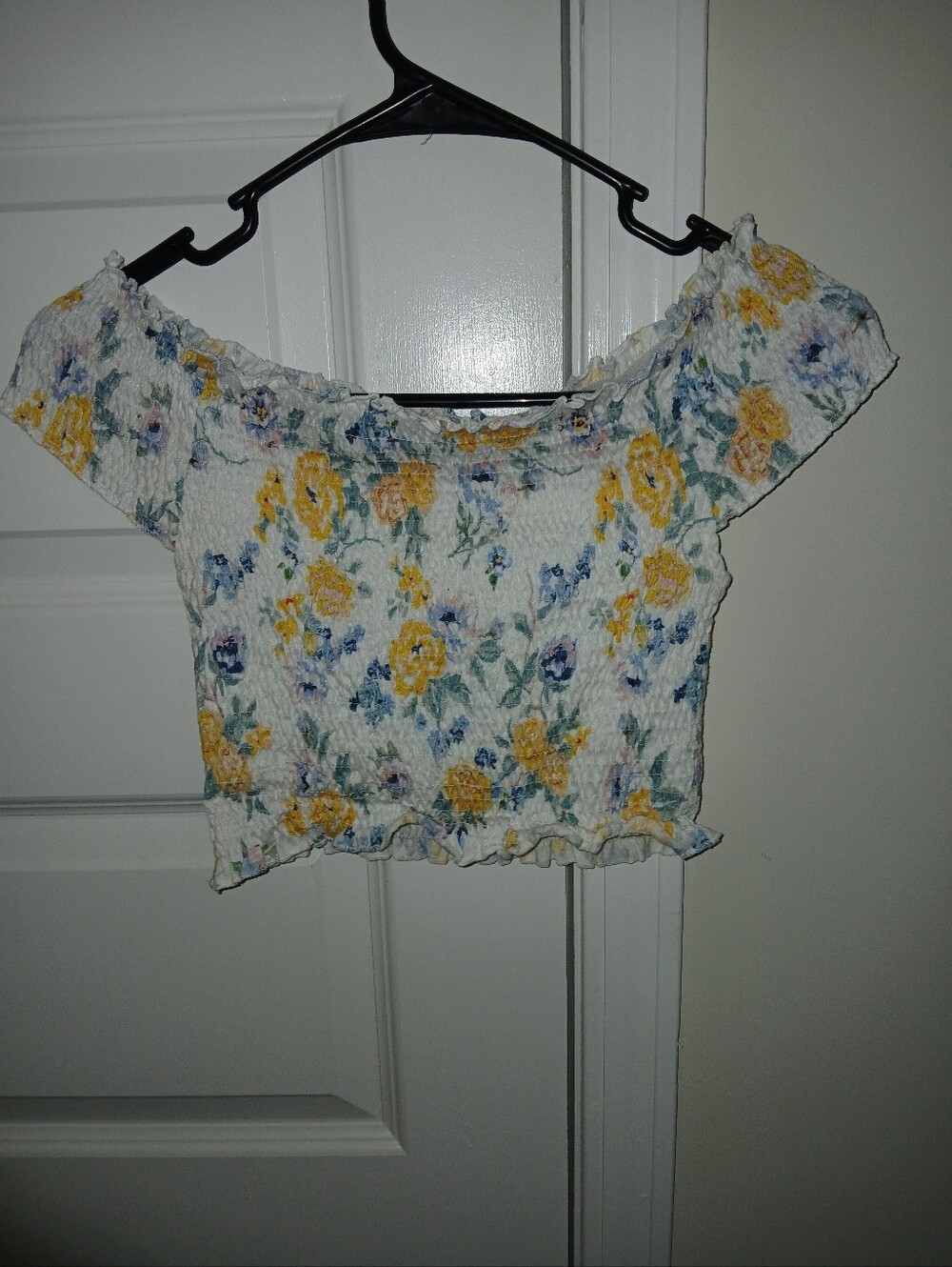 Smocked Off-Shoulder Floral Crop Top - White with Yellow & Blue Flowers
